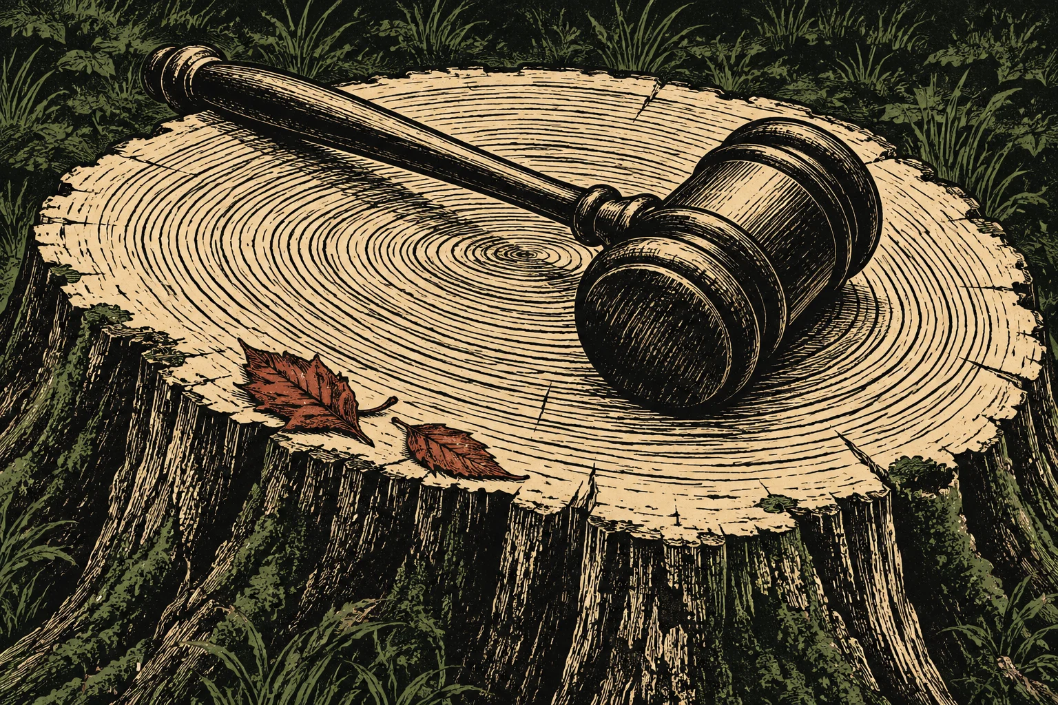 A woodcut-style illustration shows a wooden gavel resting on a tree stump, surrounded by grass and two reddish fallen leaves.