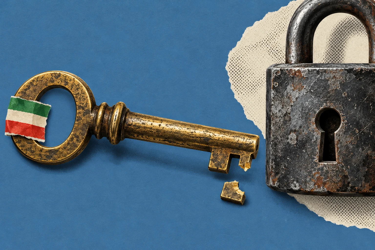 A worn golden key with an Italian flag on its handle lies broken beside a large rusty padlock on a blue background.