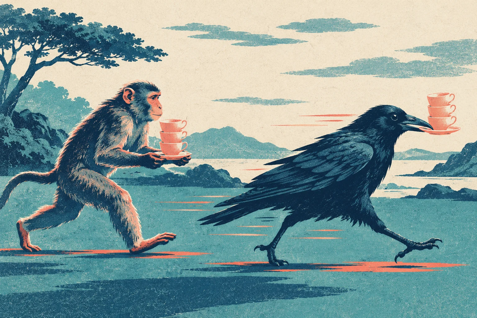 A monkey carrying stacked teacups follows a large running crow balancing stacked teacups on its beak across a stylized coastal landscape.
