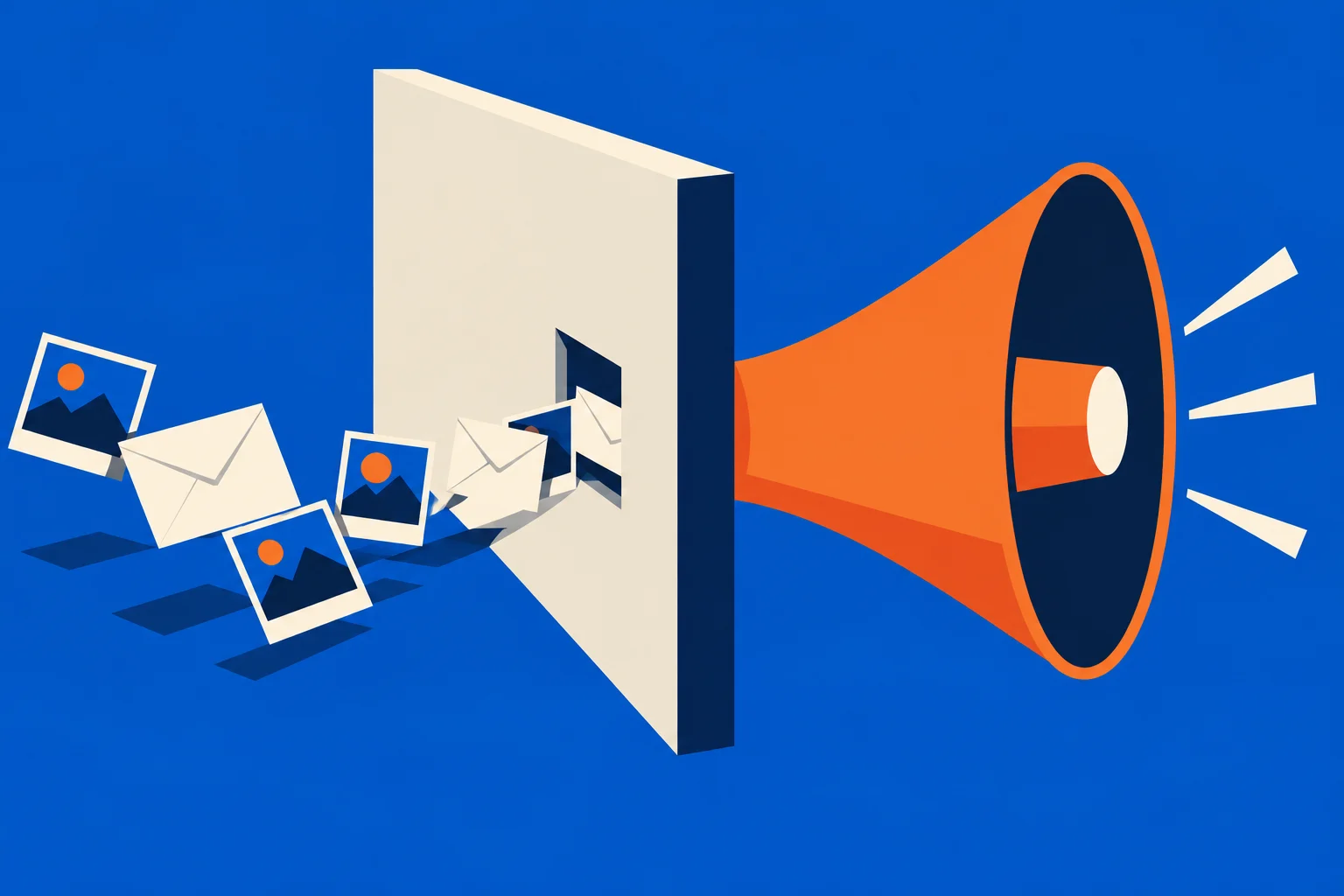 An orange megaphone projects from a cream wall while envelopes and photo prints flow through an opening against a blue background.