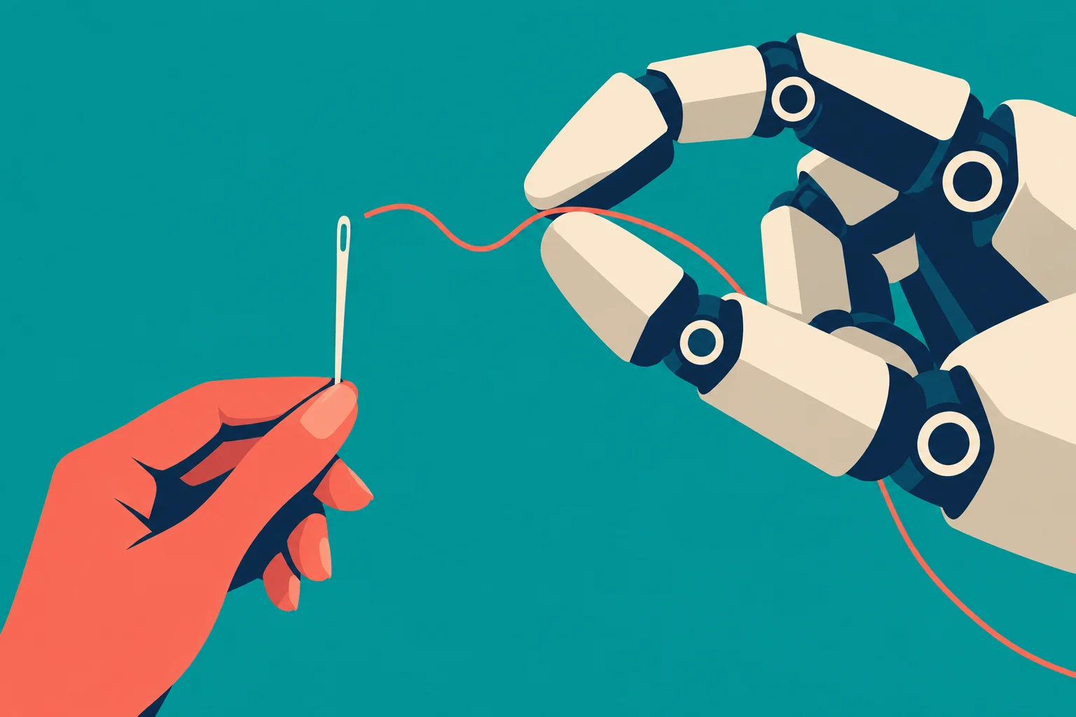 A human hand holds a needle while a robotic hand guides a red thread toward its eye against a teal background.