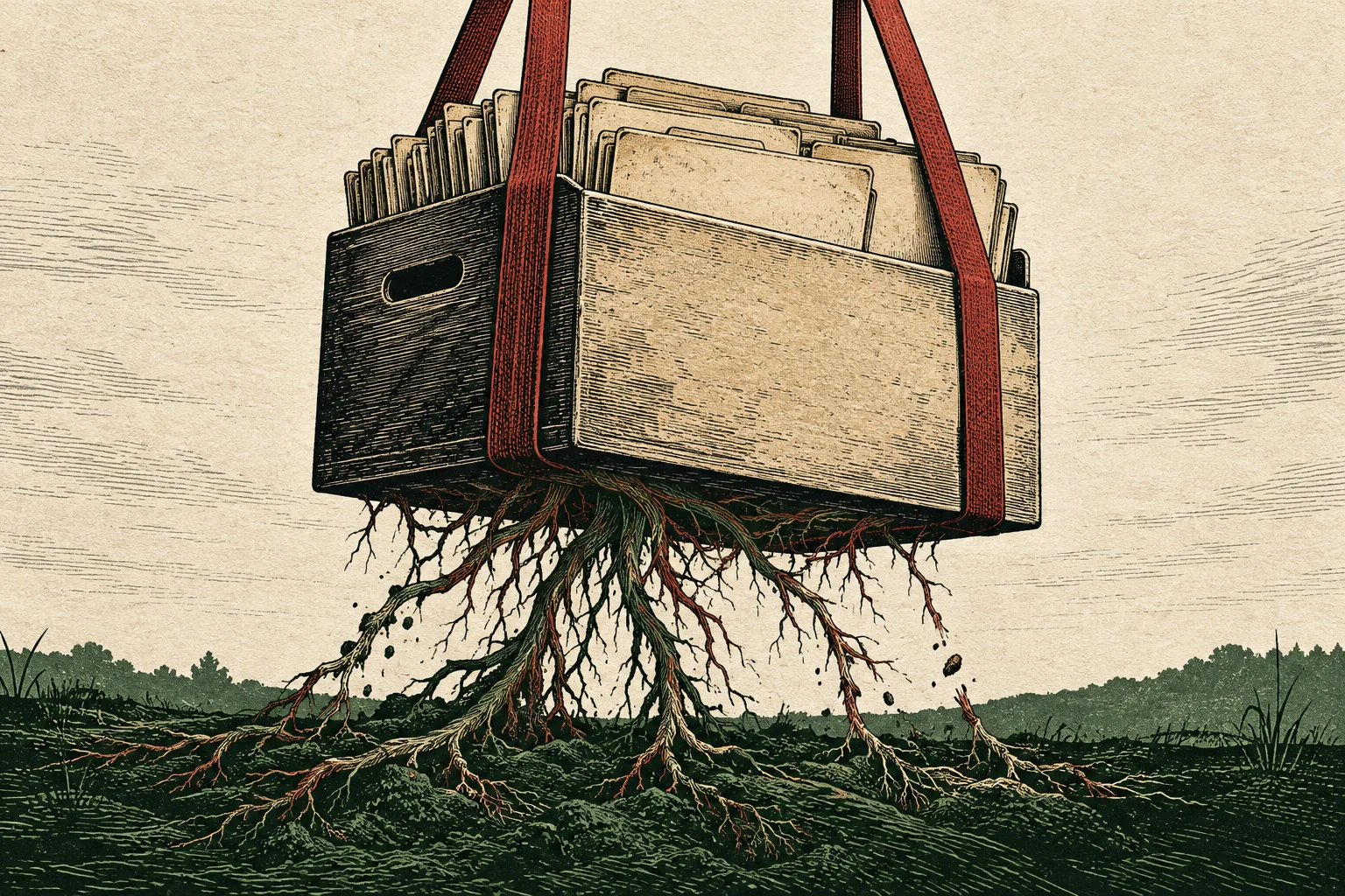 A wooden box filled with file folders hangs from red straps, with tangled roots dangling underneath and stretching across dark soil.