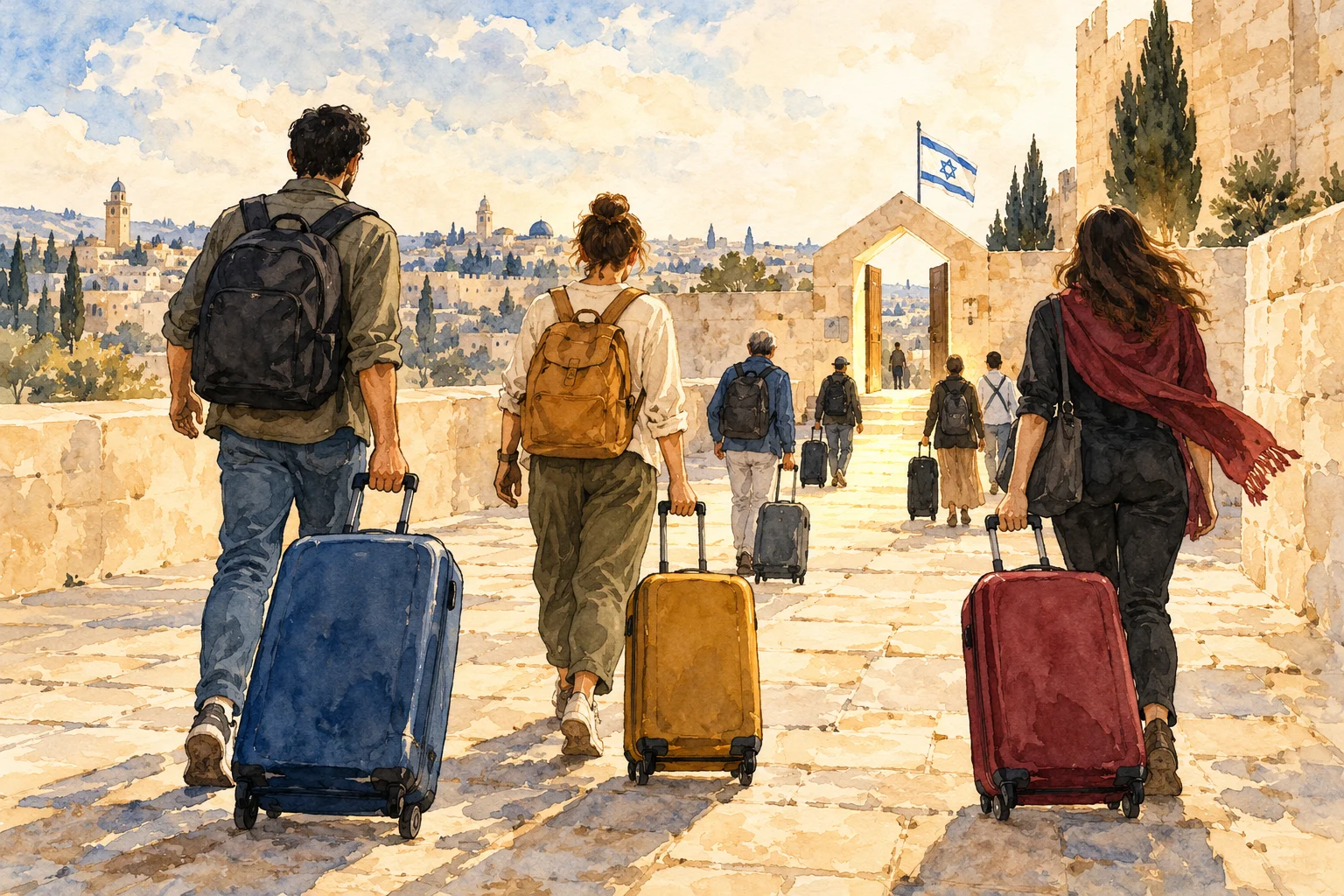 Watercolor travelers pull suitcases along a sunlit stone walkway toward an archway in Jerusalem, with an Israeli flag flying above.