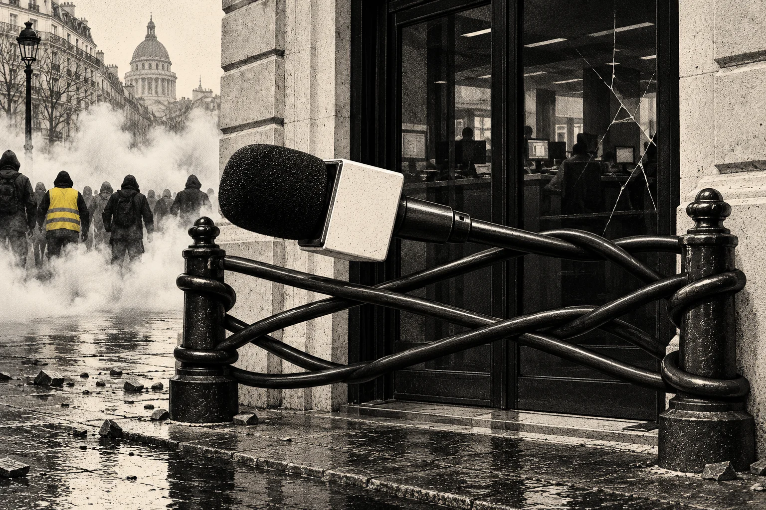 An oversized microphone spans twisted black railings outside a cracked office window, while hooded protesters, including one wearing a yellow vest, walk through smoke nearby.