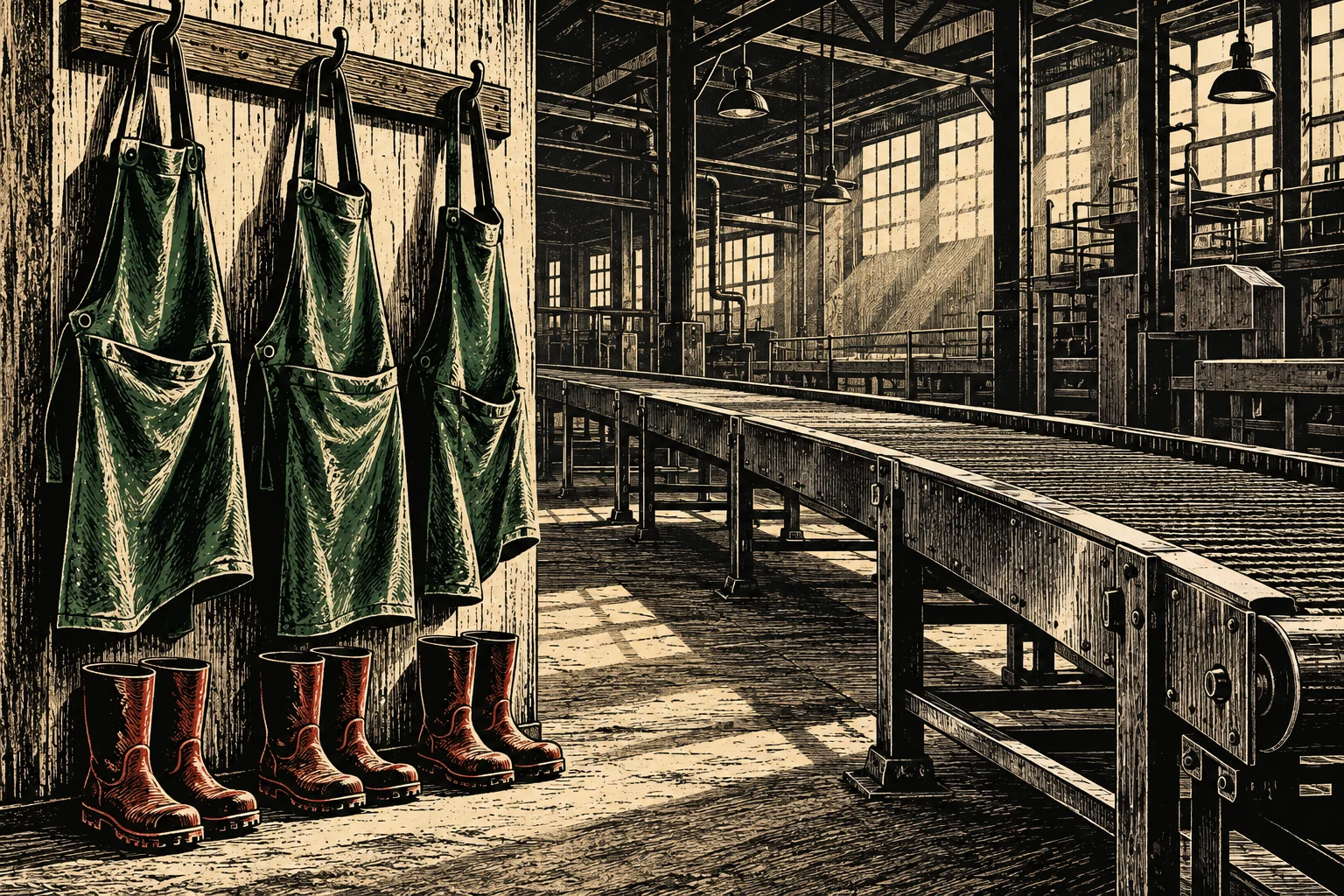 Three green aprons hang above three pairs of reddish boots beside a conveyor belt in a sunlit industrial factory rendered in a woodcut style.