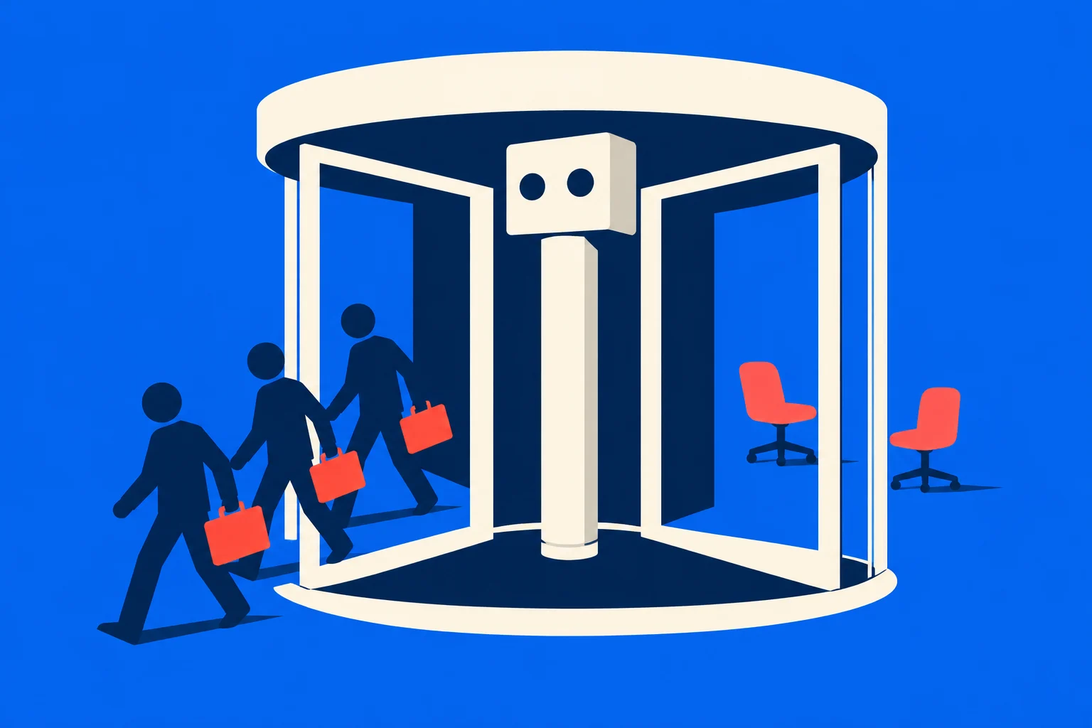 Three people carrying orange briefcases walk through a large revolving door, with two orange office chairs on the right against a blue background.