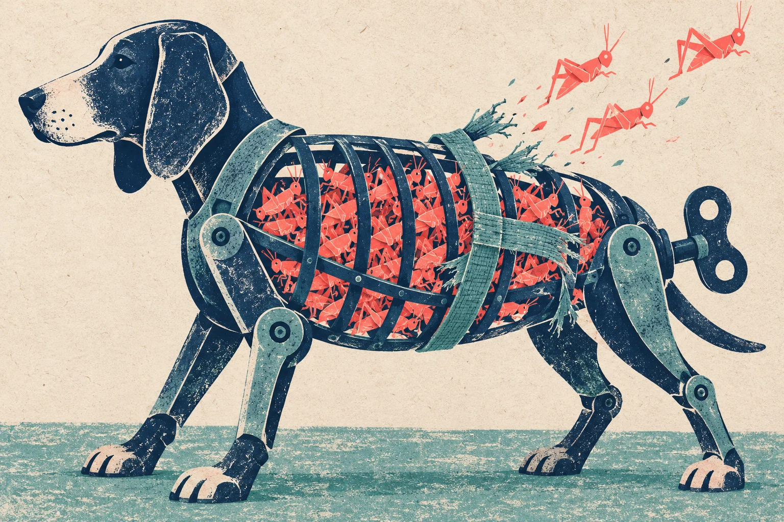 A vintage-style illustration shows a mechanical dog with a ribbed cage body filled with red grasshoppers, several escaping through torn teal straps.