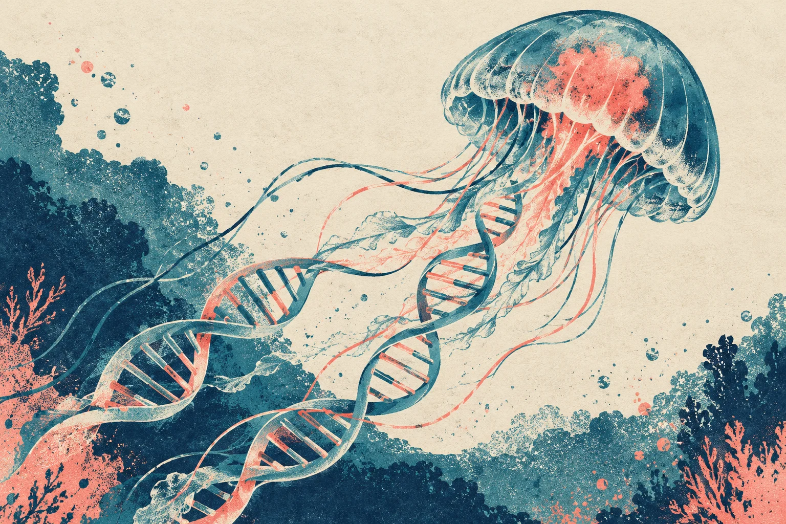 A textured illustration shows a blue and coral jellyfish with flowing tentacles intertwined with DNA double helices above underwater coral.