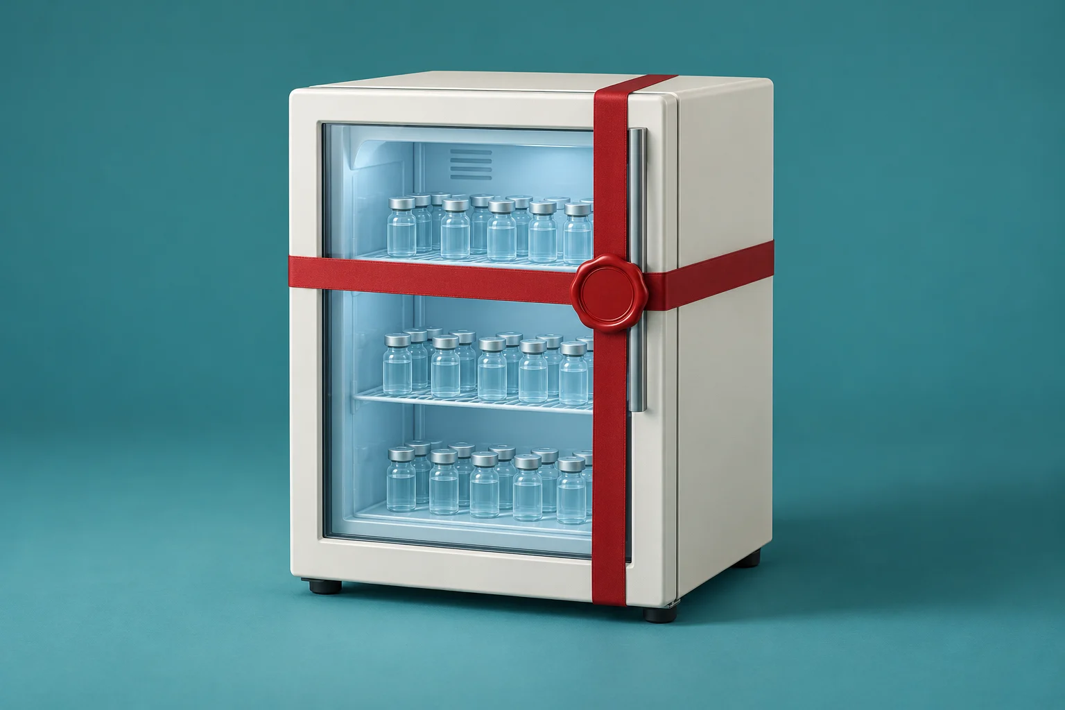 A glass-front medical refrigerator holds rows of small vials and is wrapped with a red ribbon secured by a wax seal against a teal background.