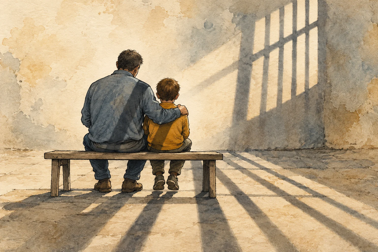 A man with his arm around a boy sits on a wooden bench in a worn room, with sunlight casting barred window shadows across the floor.