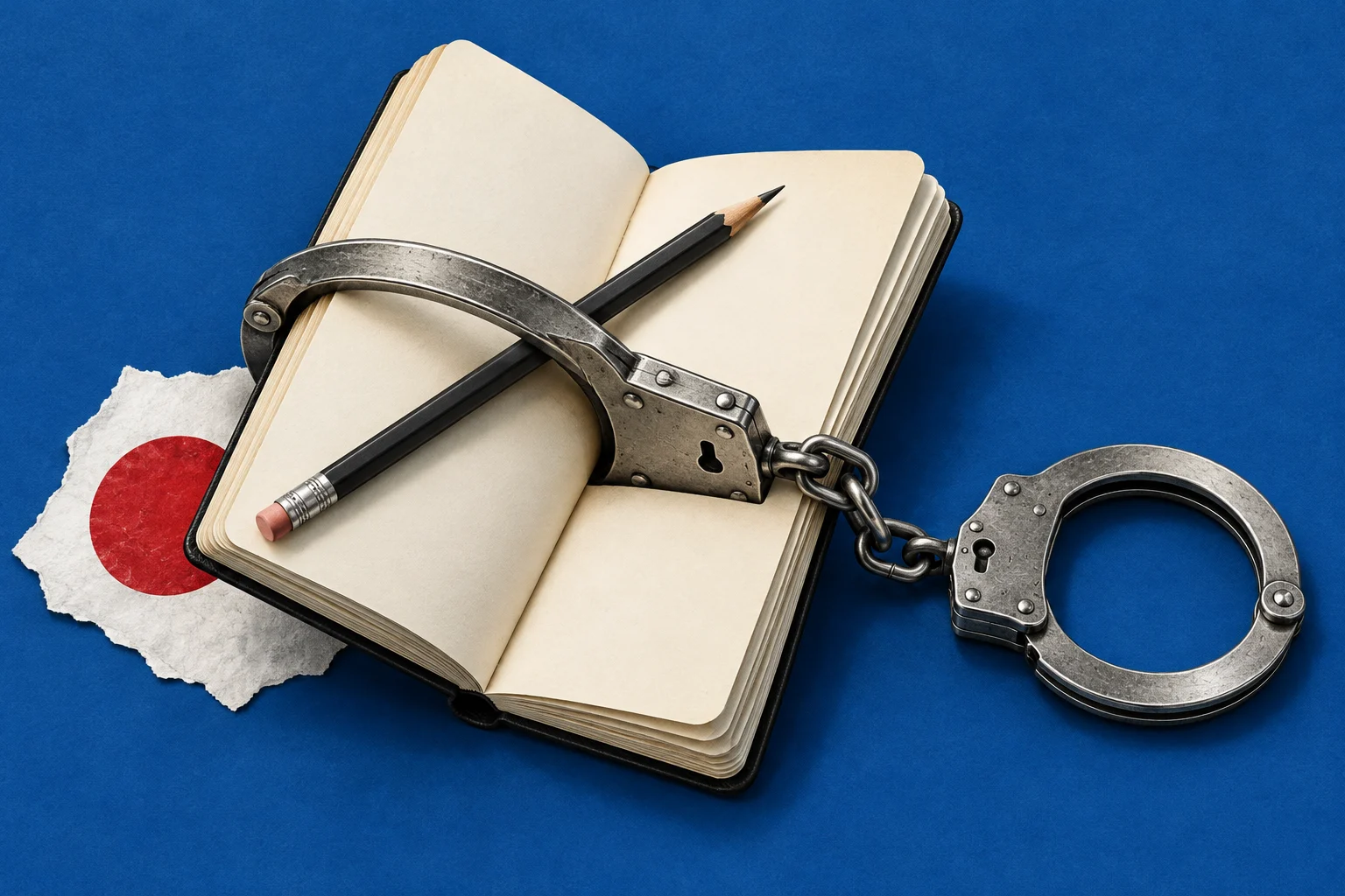 Metal handcuffs lie across an open blank notebook and black pencil, beside torn paper bearing a red circle on a blue background.