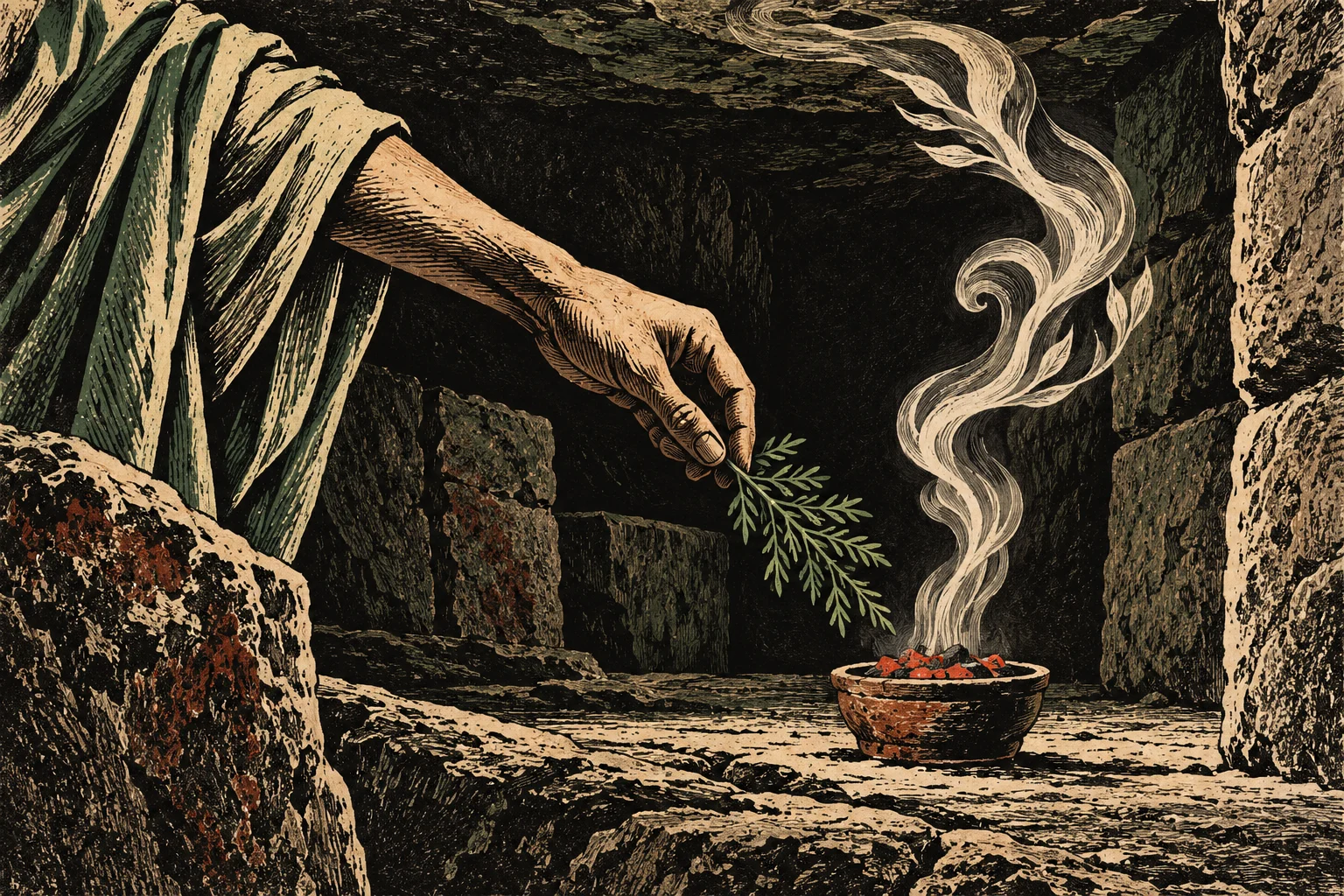 A robed person's hand holds an herb sprig above a bowl of glowing coals, with curling smoke rising inside a dark stone chamber.