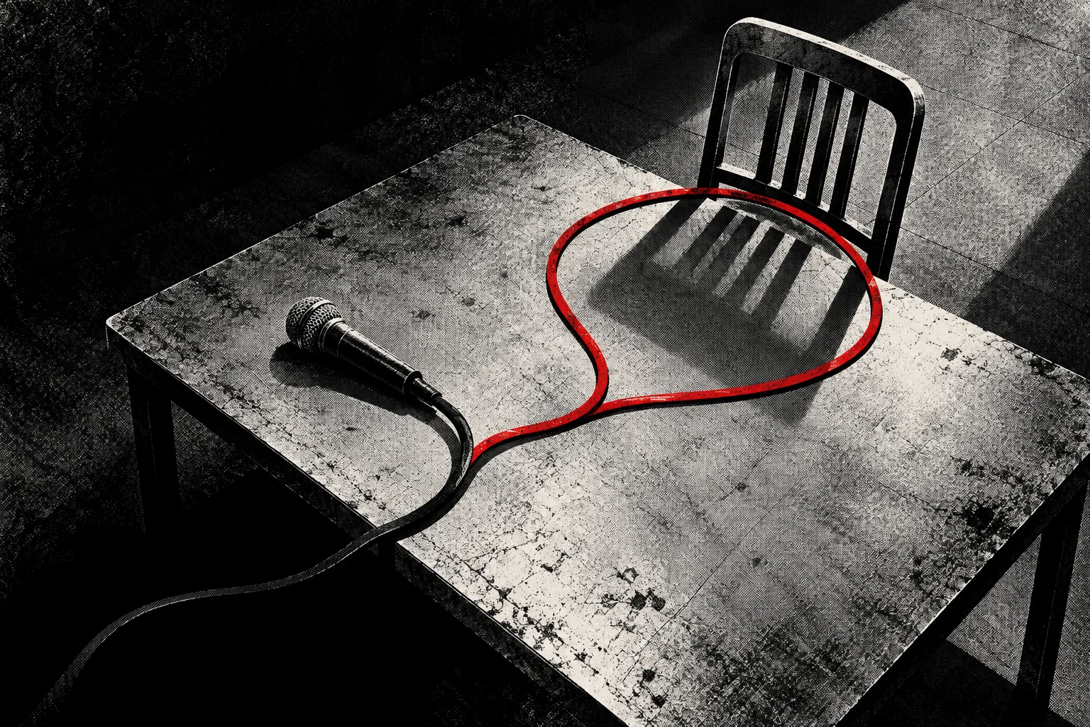 A microphone rests on a worn table beside an empty chair, with its cable forming a red speech bubble around the chair’s shadow.