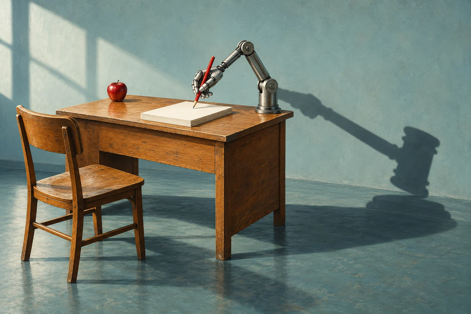 A robotic arm holds a red pencil over paper on a wooden school desk beside an apple, casting a humanlike shadow on a sunlit wall.