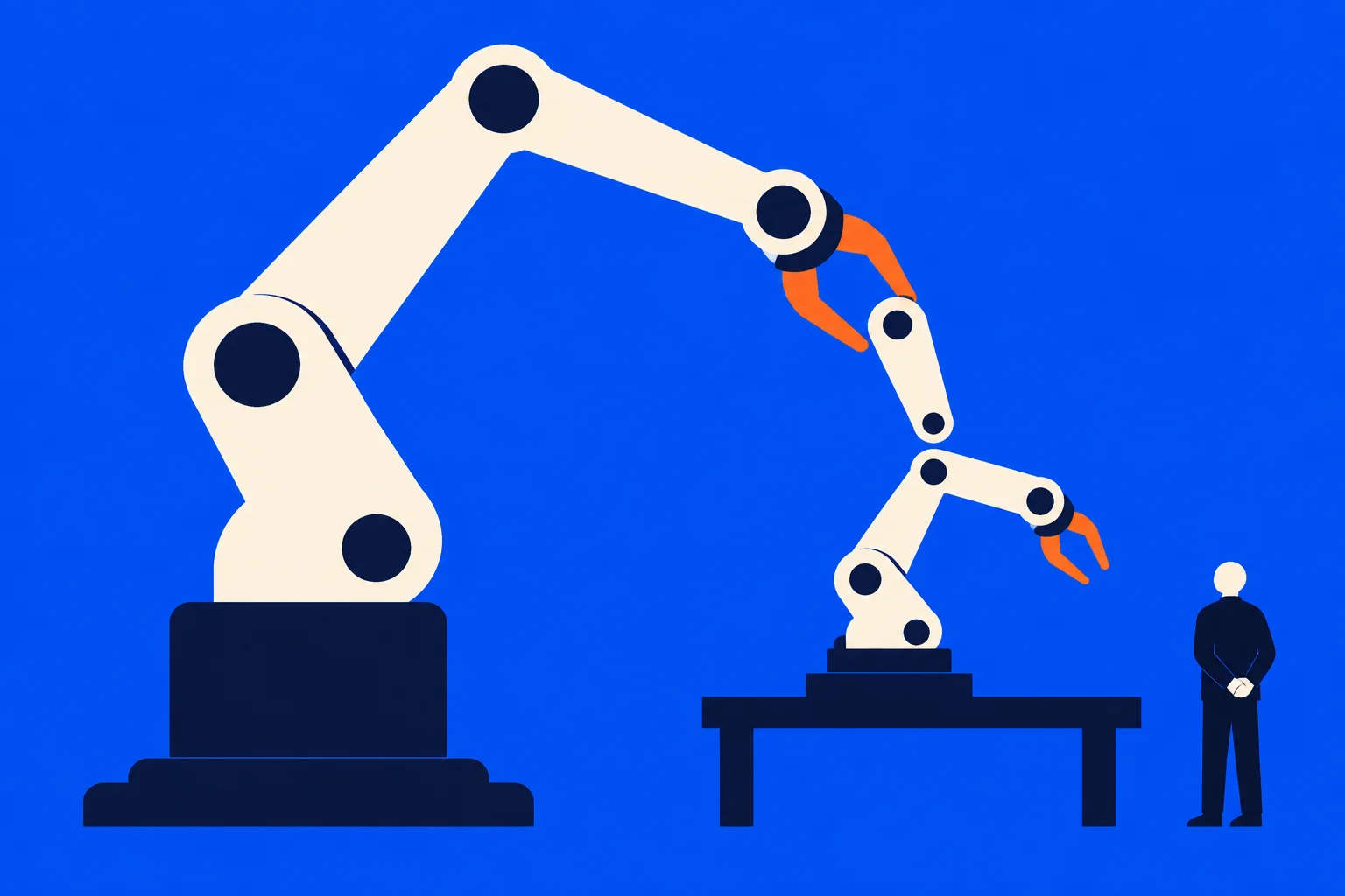 Two cream-colored industrial robotic arms with orange grippers stand against a blue background, with a person beside the smaller arm on a table.