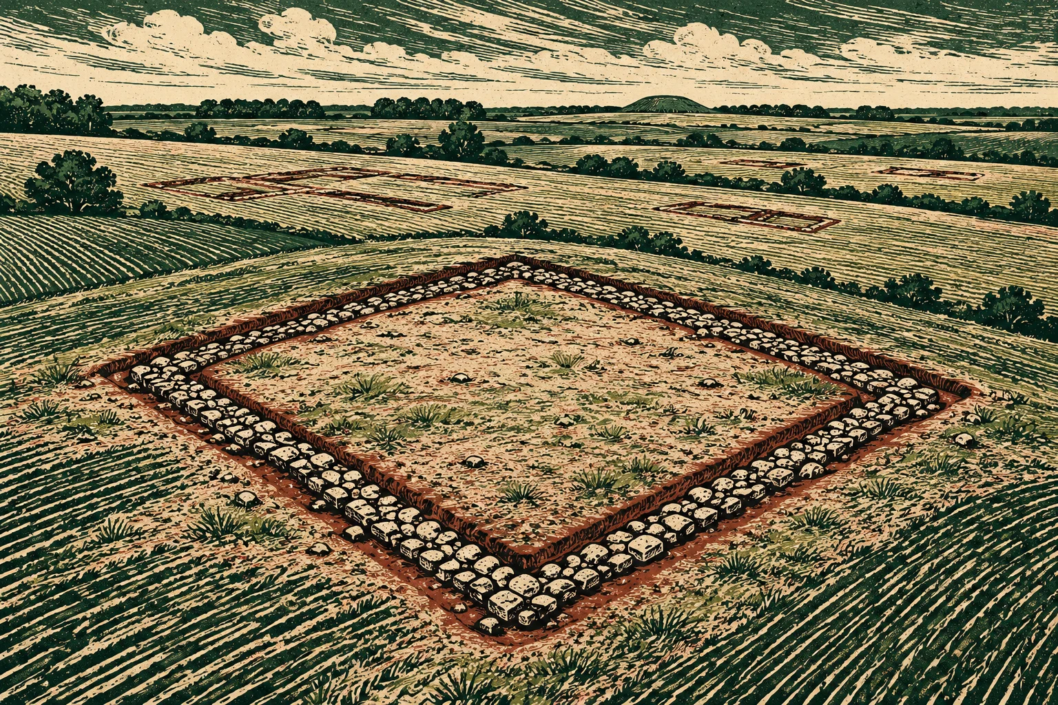 A vintage-style illustration shows a rectangular stone foundation exposed in a grassy field, with other buried outlines and rolling farmland stretching toward the horizon.