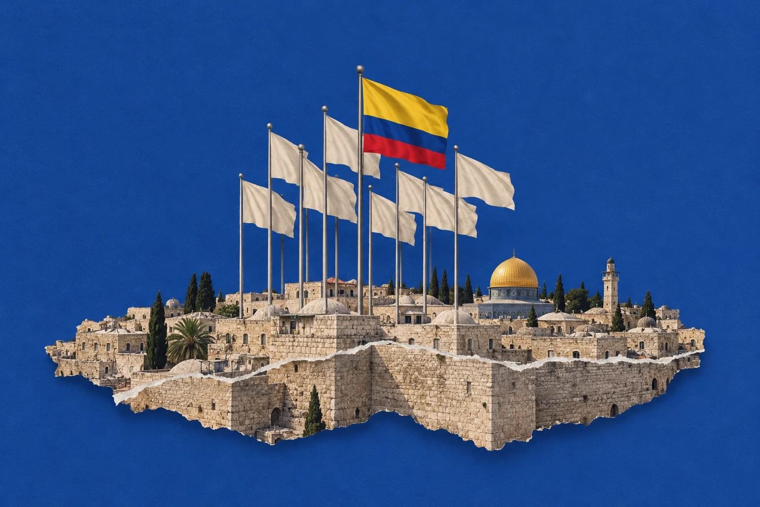 A collage of Jerusalem’s stone buildings and golden Dome of the Rock sits beneath white flags and a Colombian flag against a blue background.