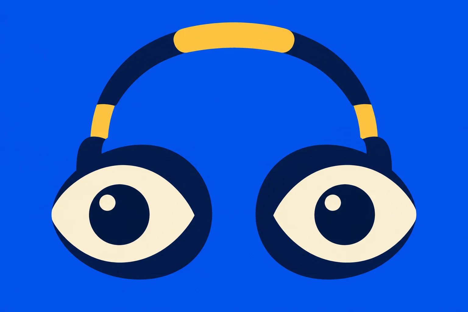 Dark navy headphones with yellow accents surround two large cream eyes with navy pupils against a bright blue background.