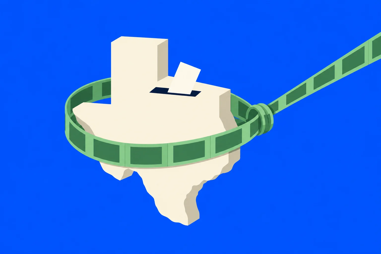 A cream-colored Texas-shaped ballot box with a paper ballot is encircled by a green filmstrip tied in a knot against a bright blue background.