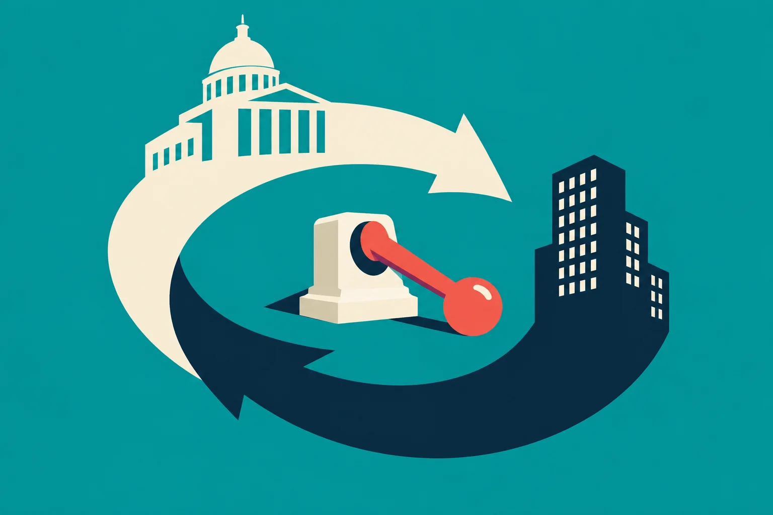 Cream and navy circular arrows connect a government building and office towers around a central red lever on a teal background.