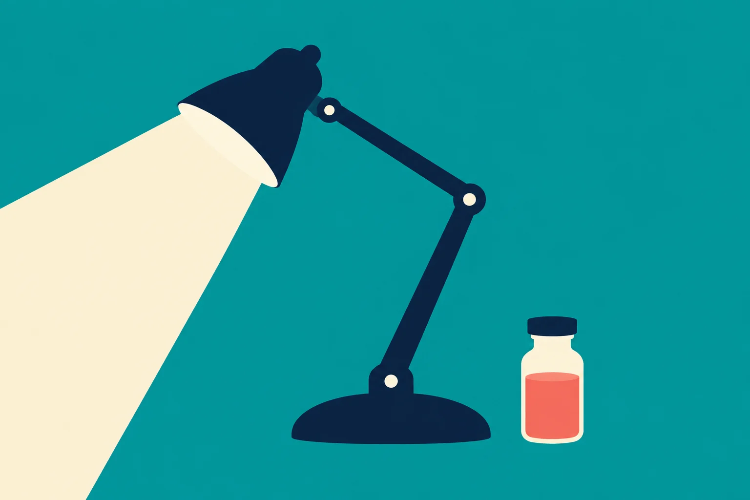 A navy blue adjustable desk lamp casts a wide cream beam against a teal background, beside a small bottle containing coral liquid.