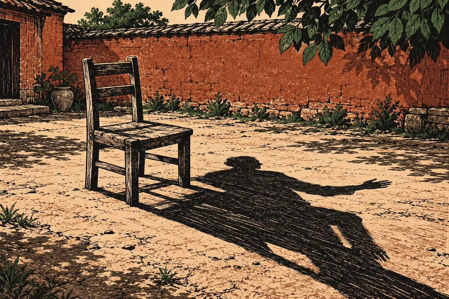 An empty wooden chair stands in a sunlit courtyard, casting a shadow shaped like a seated person with an outstretched arm.