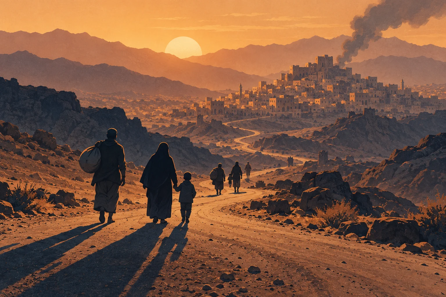Travelers walk along a winding desert road toward a hilltop city beneath smoky skies, with mountains and a setting sun in the background.