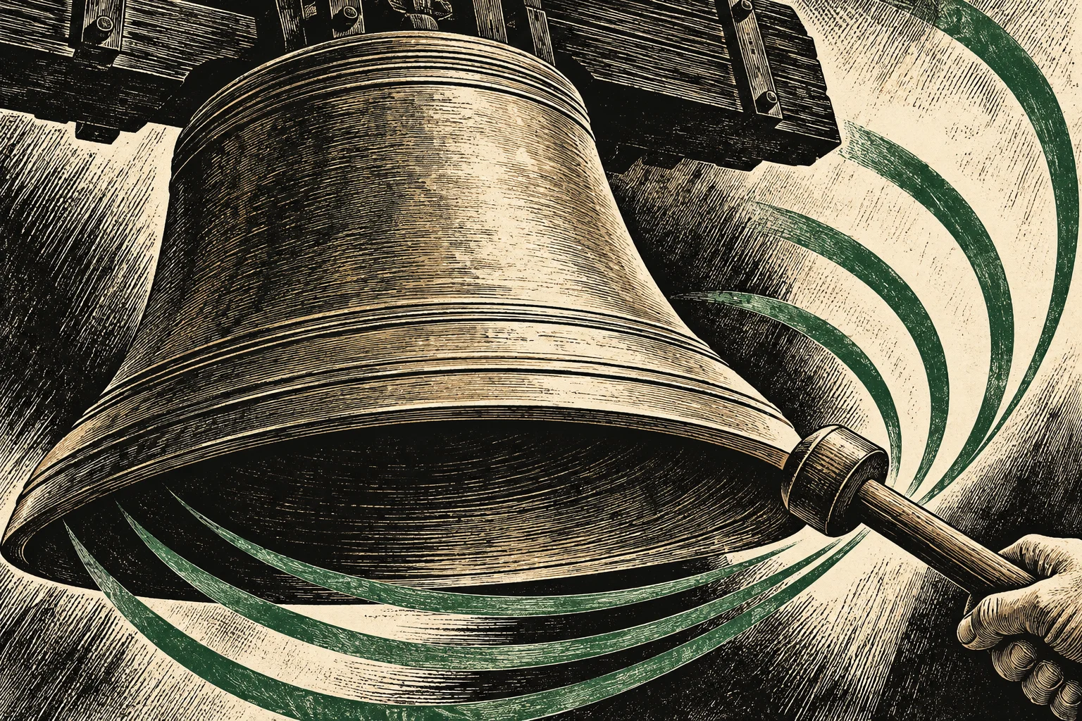 A vintage engraving shows a large bronze bell being struck with a handheld mallet, with green curved lines representing ringing sound waves.
