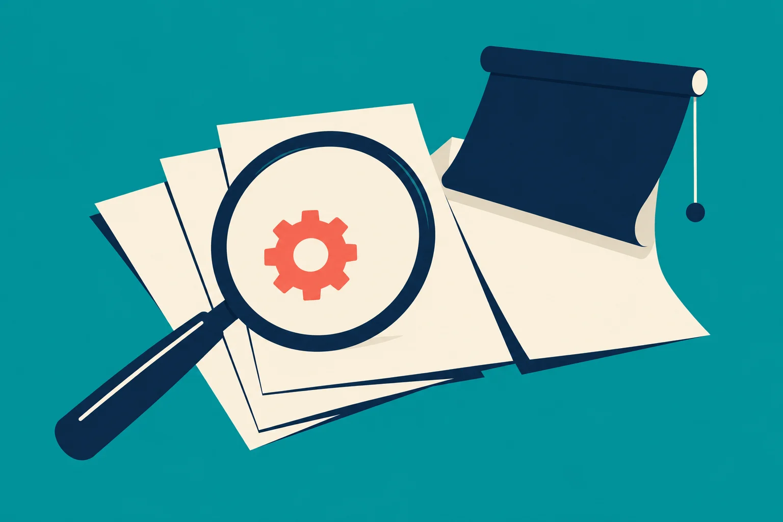 A magnifying glass with a coral gear inside rests over cream papers beside a navy rolled scroll on a teal background.