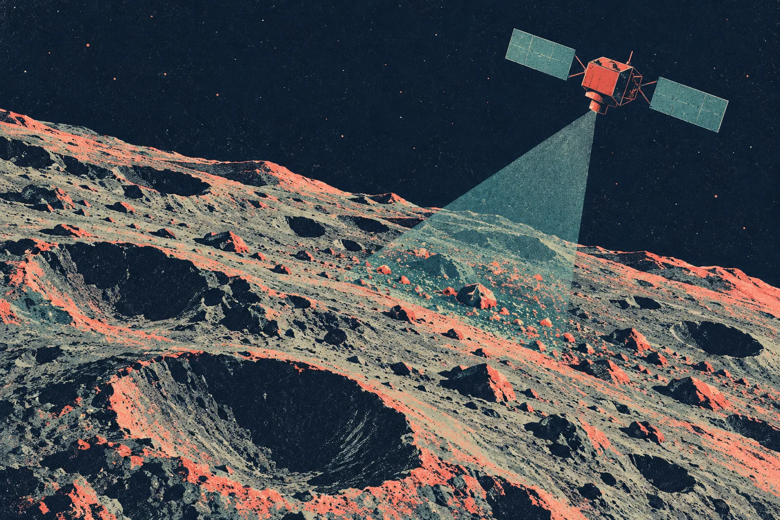 A satellite with solar panels scans a cratered lunar surface with a pale green beam against a dark, starry sky.