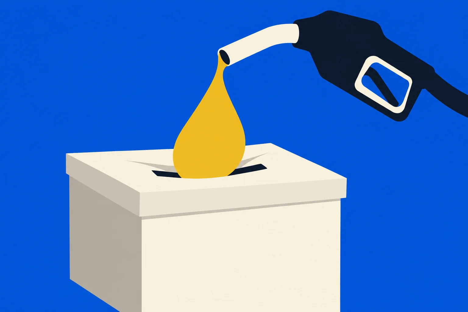 A black fuel nozzle pours a large yellow drop into the slot of a cream ballot box against a blue background.