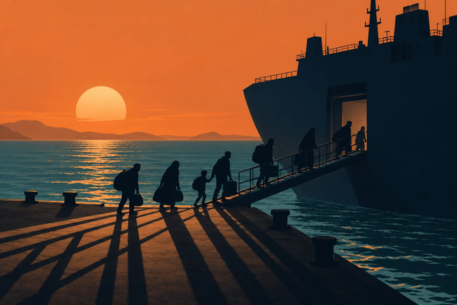 Silhouetted travelers carrying luggage board a large ship by a gangway at sunset, casting long shadows across the dock beside calm water.