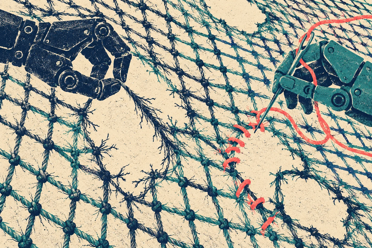 Two robotic hands mend a torn blue fishing net with a needle and bright red thread in a textured illustration.