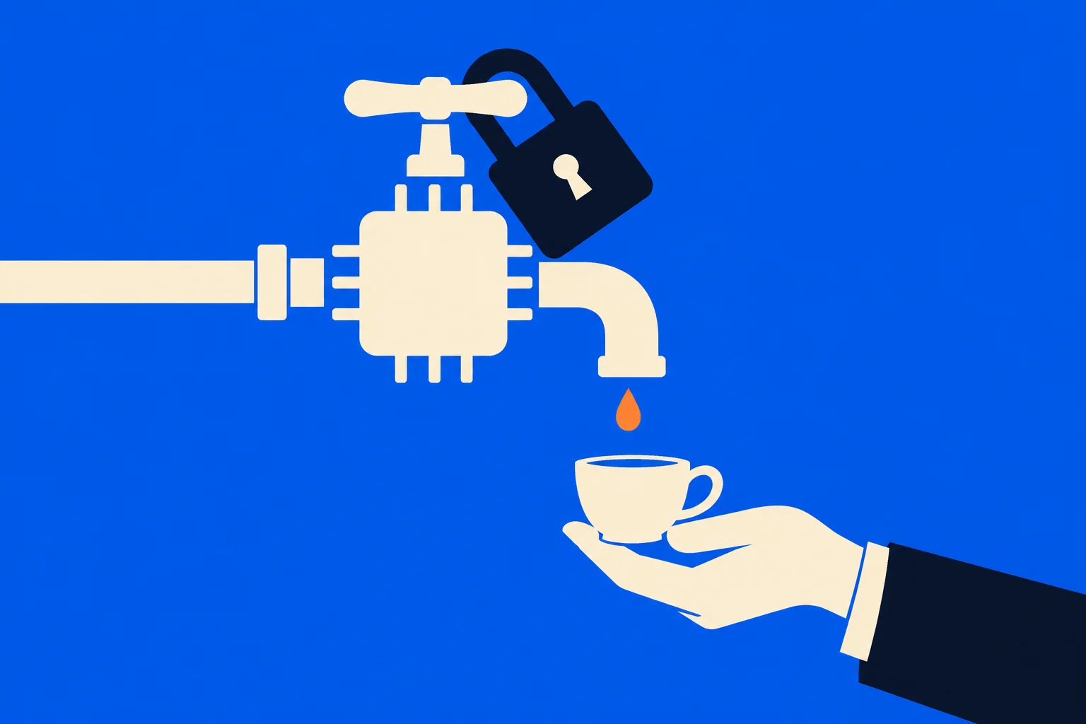 A locked faucet shaped like a computer chip drips an orange drop into a cup held by a hand against a blue background.