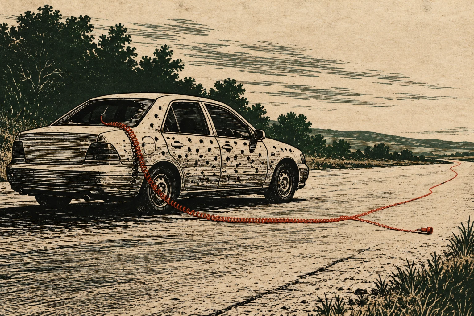 A bullet-riddled sedan sits on a rural road, with a red coiled cord trailing from its rear window across the ground in a vintage illustration.