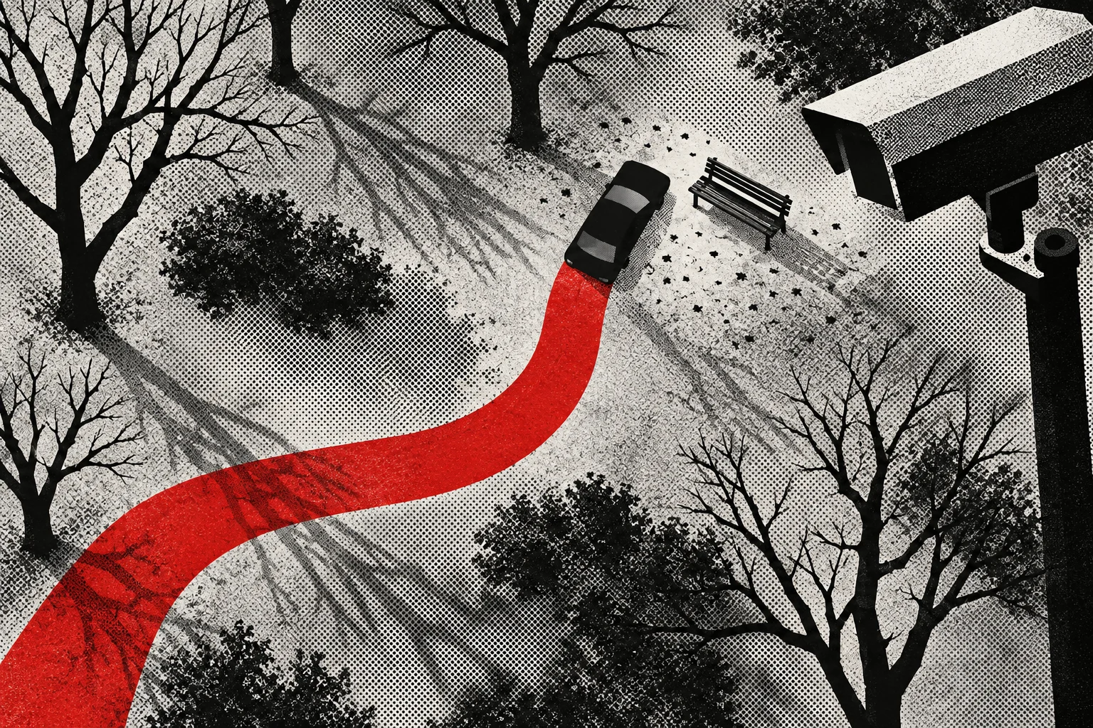 A black car follows a winding red trail through a monochrome wooded park, passing a bench beneath a large surveillance camera.
