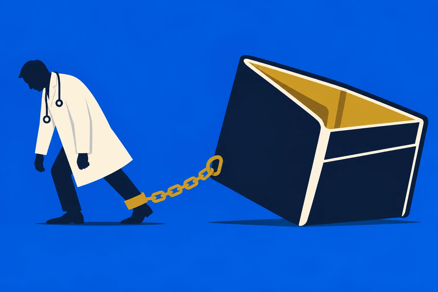 A slumped doctor in a white coat is chained by the ankle to an enormous dark book with gold pages against a blue background.