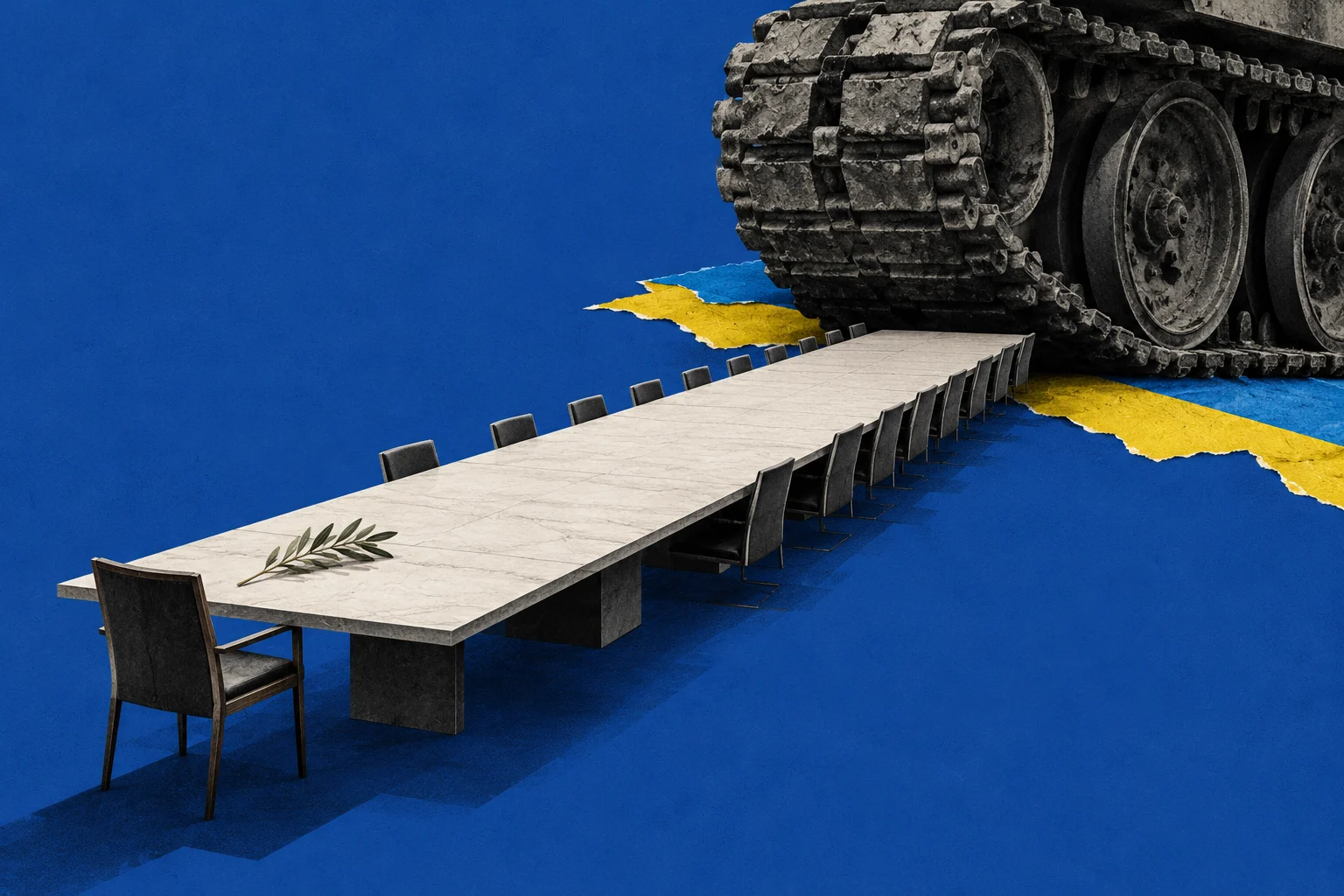 A long conference table with empty chairs and an olive branch faces an enormous tank tread crushing blue and yellow paper against a blue background.