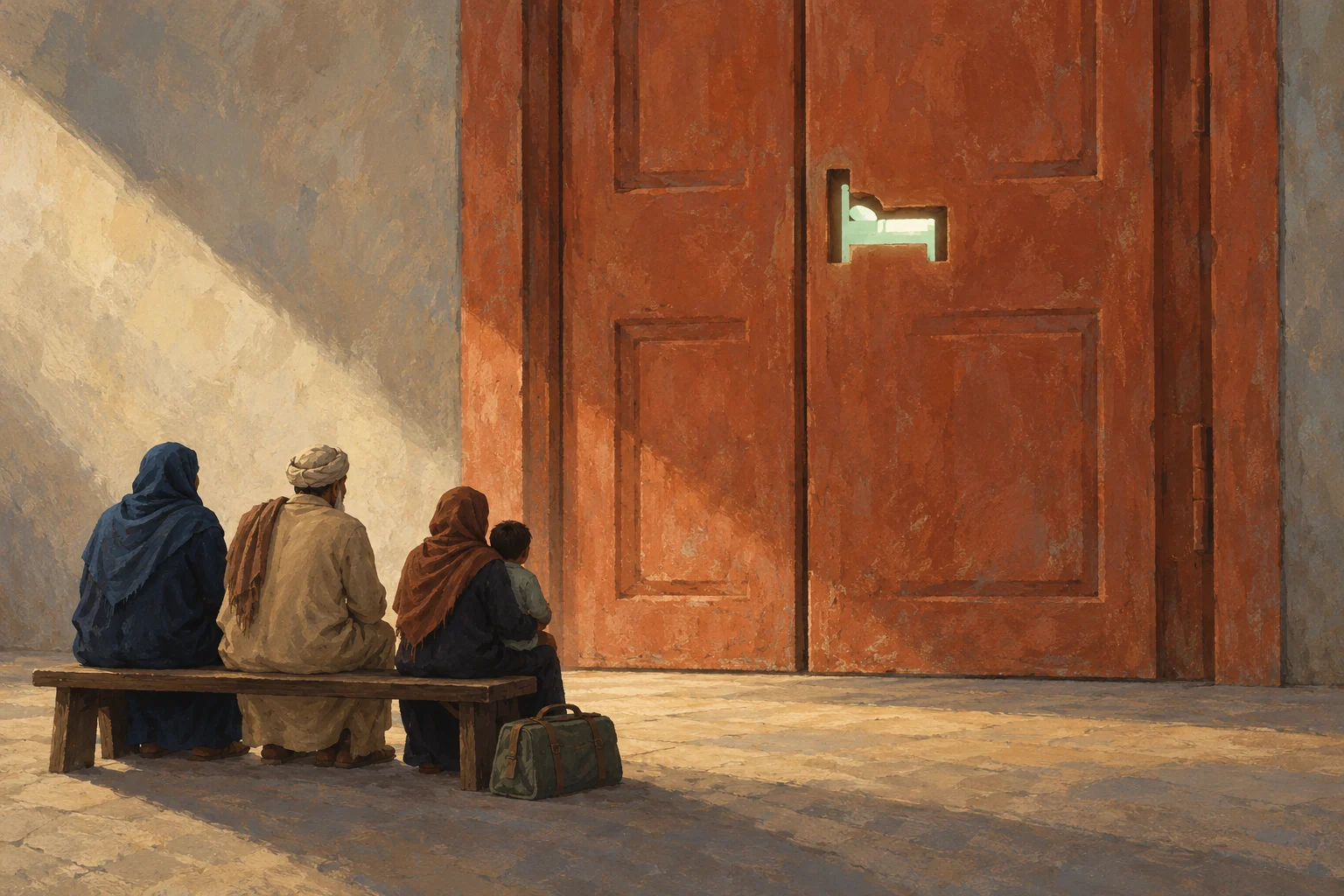 Four people sit on a wooden bench with luggage, facing enormous weathered red doors marked with a small illuminated bed symbol.