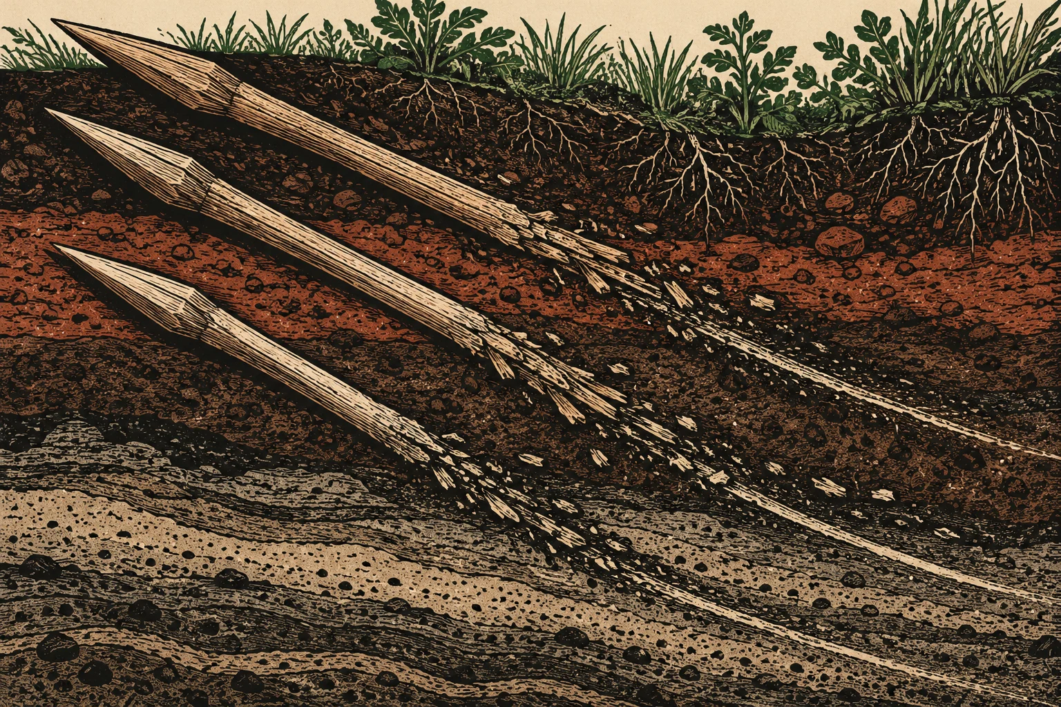 Three pointed wooden stakes extend diagonally through layered soil, splintering into fragments beneath grass and exposed plant roots in a vintage woodcut illustration.