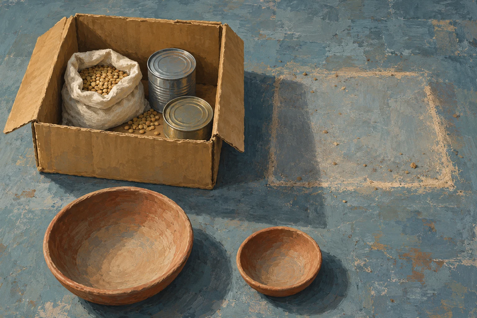 An open cardboard box holds a sack of dried legumes and two metal cans, with two empty earthenware bowls on the blue-gray floor nearby.