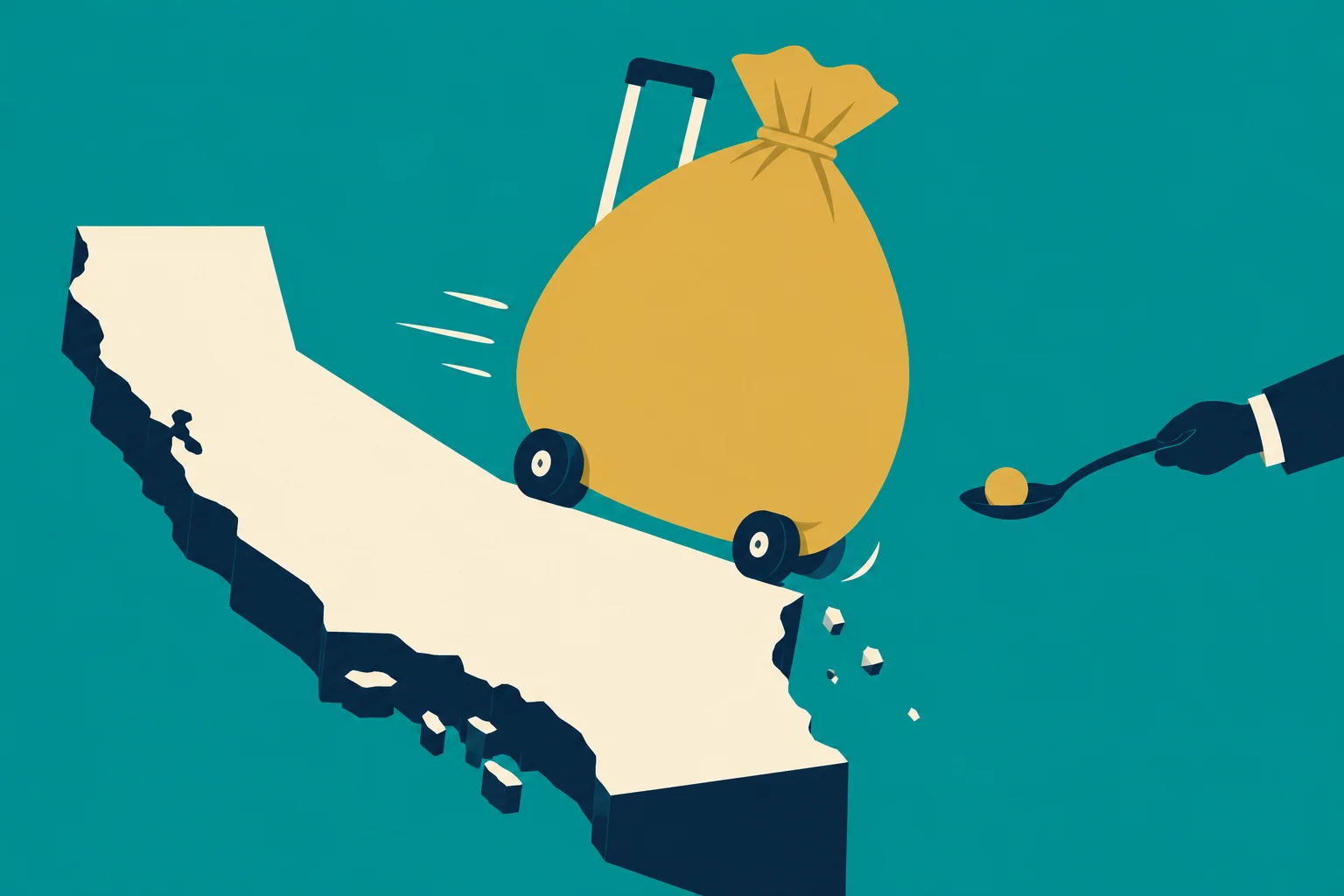 A wheeled yellow money bag rolls along a crumbling California-shaped platform while a gloved hand offers a single gold coin on a spoon.