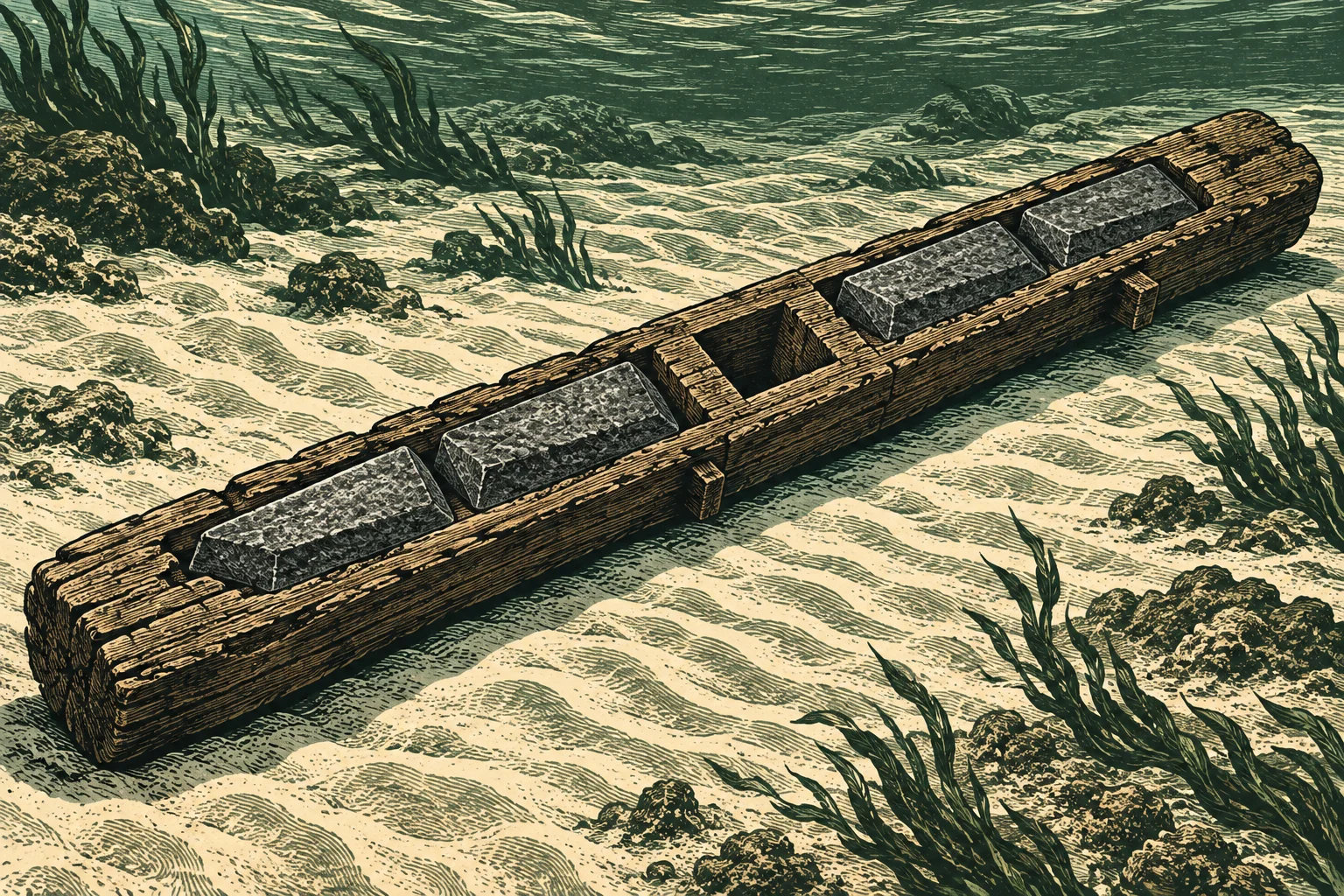 A woodcut-style underwater scene shows a long wooden frame holding four rectangular stone weights on a sandy seabed surrounded by rocks and seaweed.
