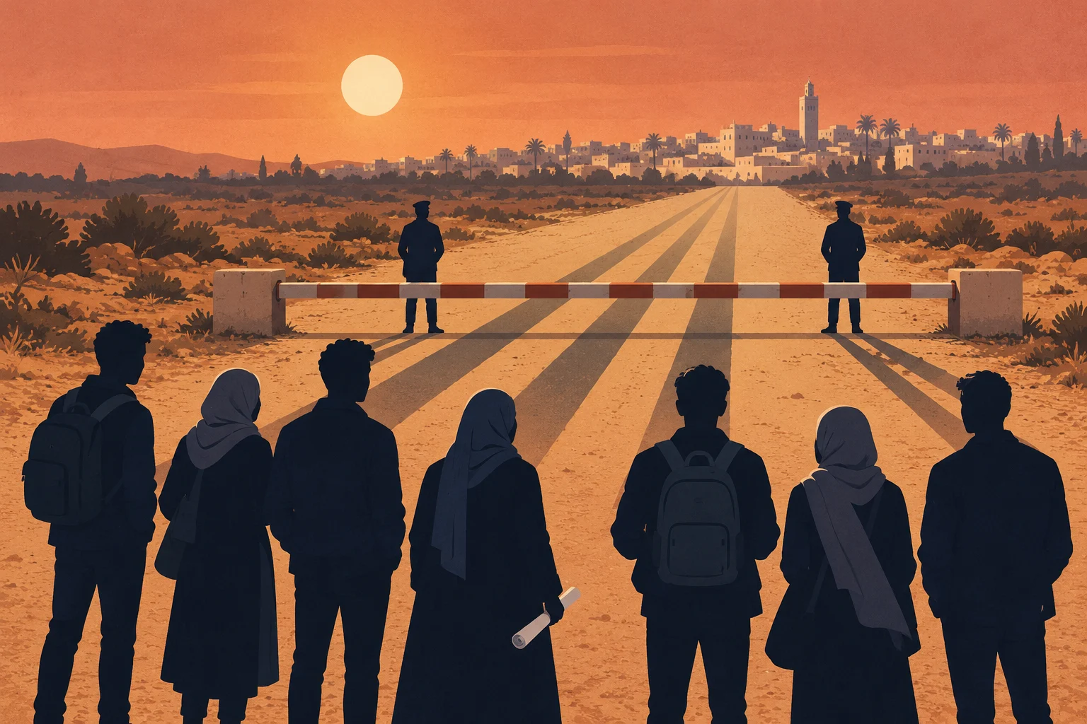 Seven travelers face a guarded road barrier in a desert landscape, with a city skyline and setting sun in the distance.