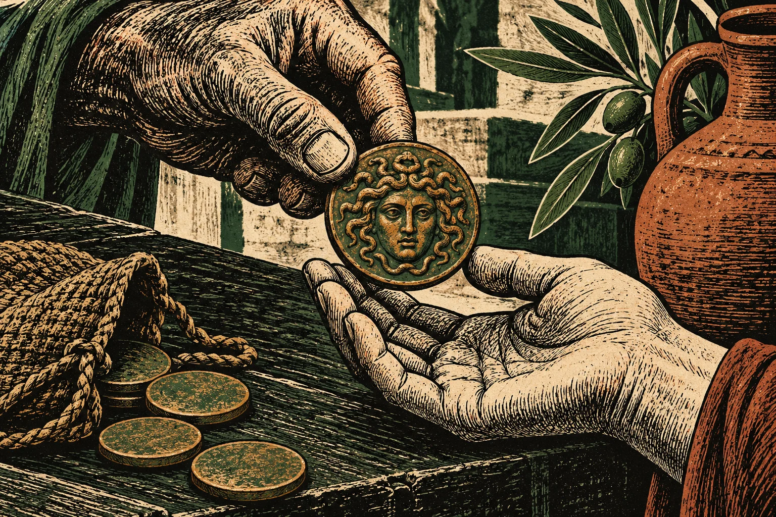 A woodcut-style illustration shows one hand passing a Medusa-faced coin to an open hand beside scattered coins, a rope pouch, an olive branch, and a clay jug.