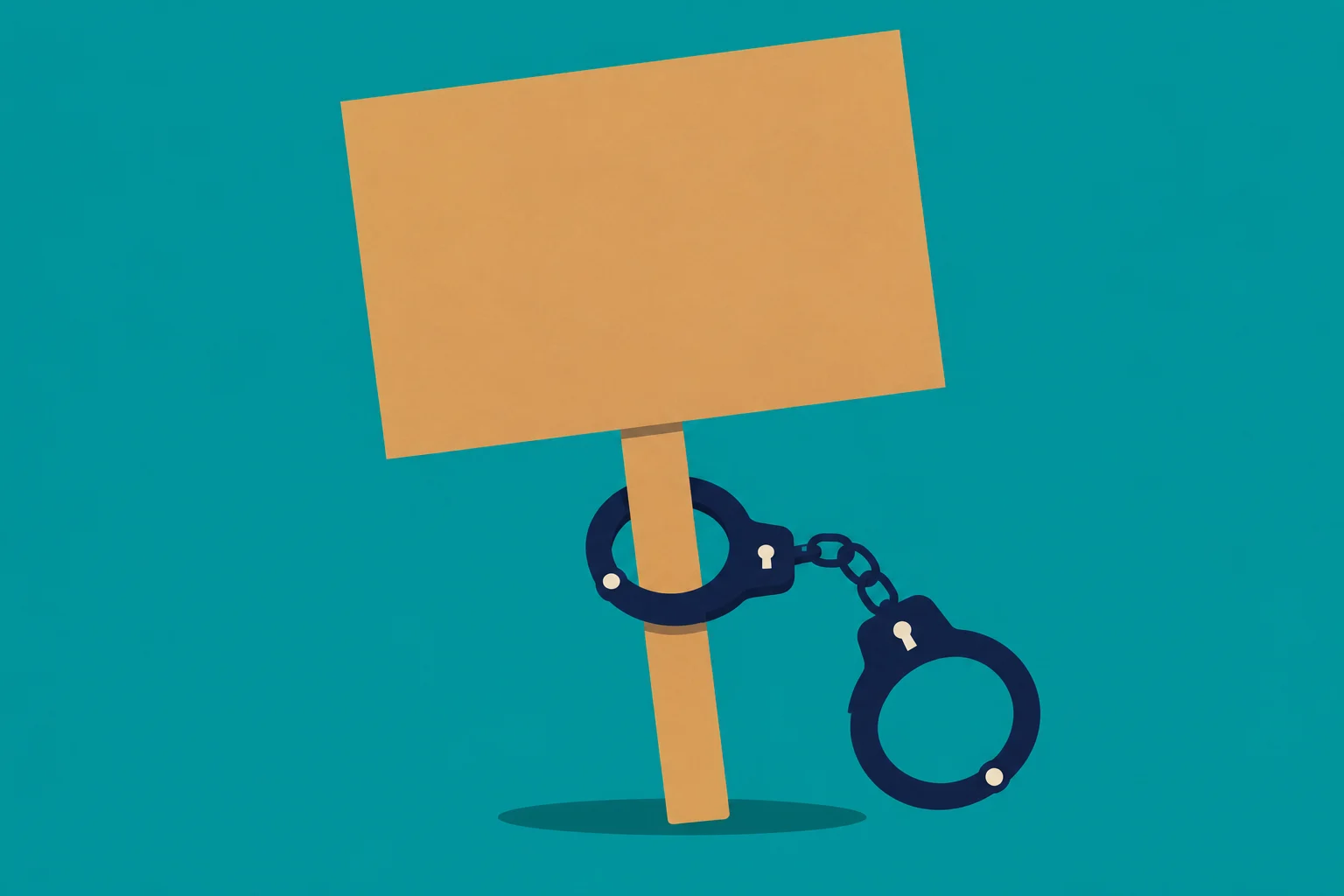 A blank orange protest sign on a wooden stick has dark blue handcuffs attached, against a teal background.