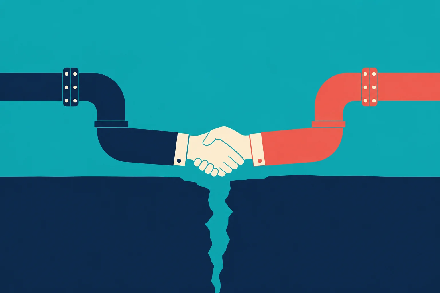 Navy and coral pipes form suited arms shaking hands across a deep crack in dark ground against a turquoise background.