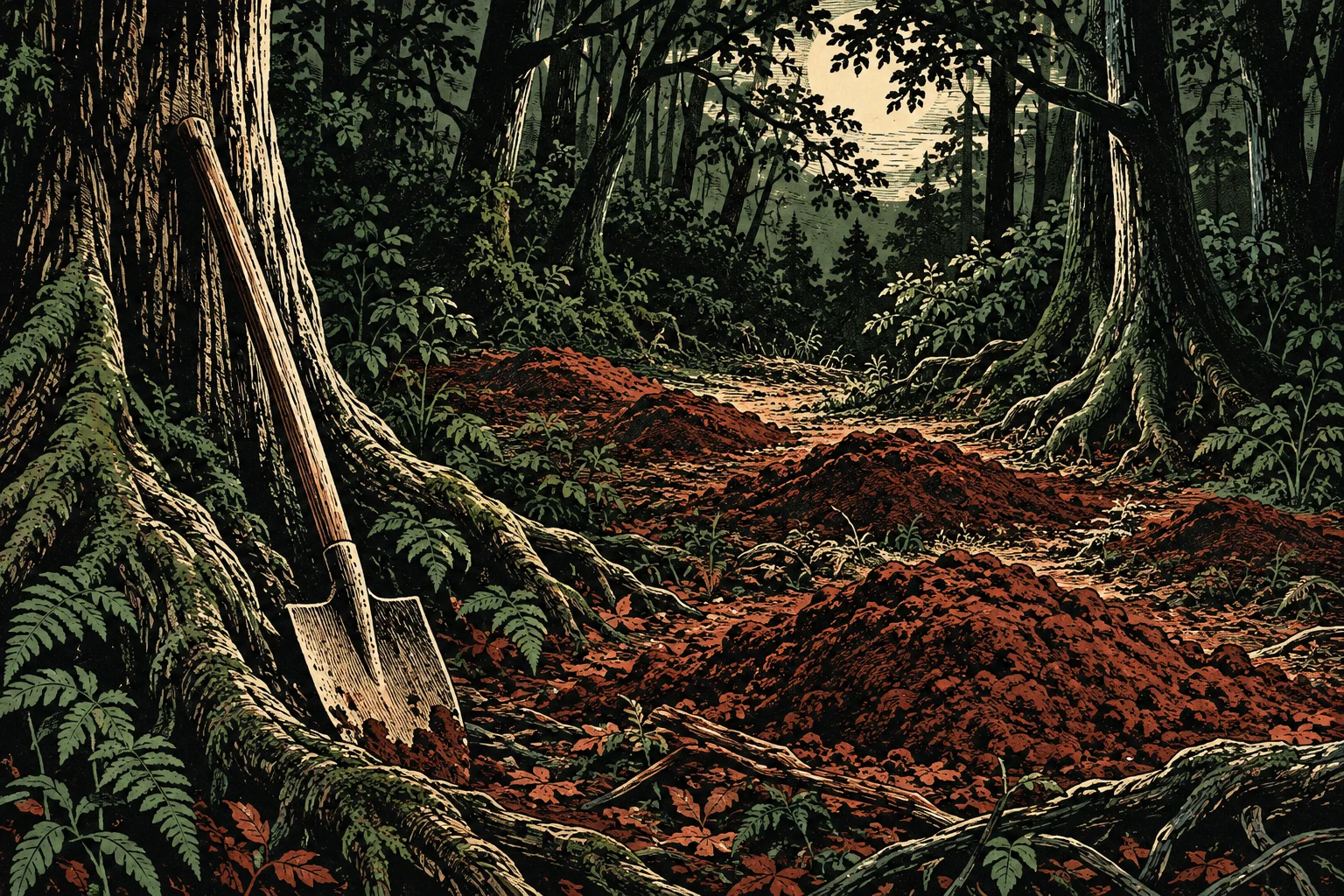 A shovel leans against a large tree beside several mounds of reddish soil along a path through a dense, shadowy forest.