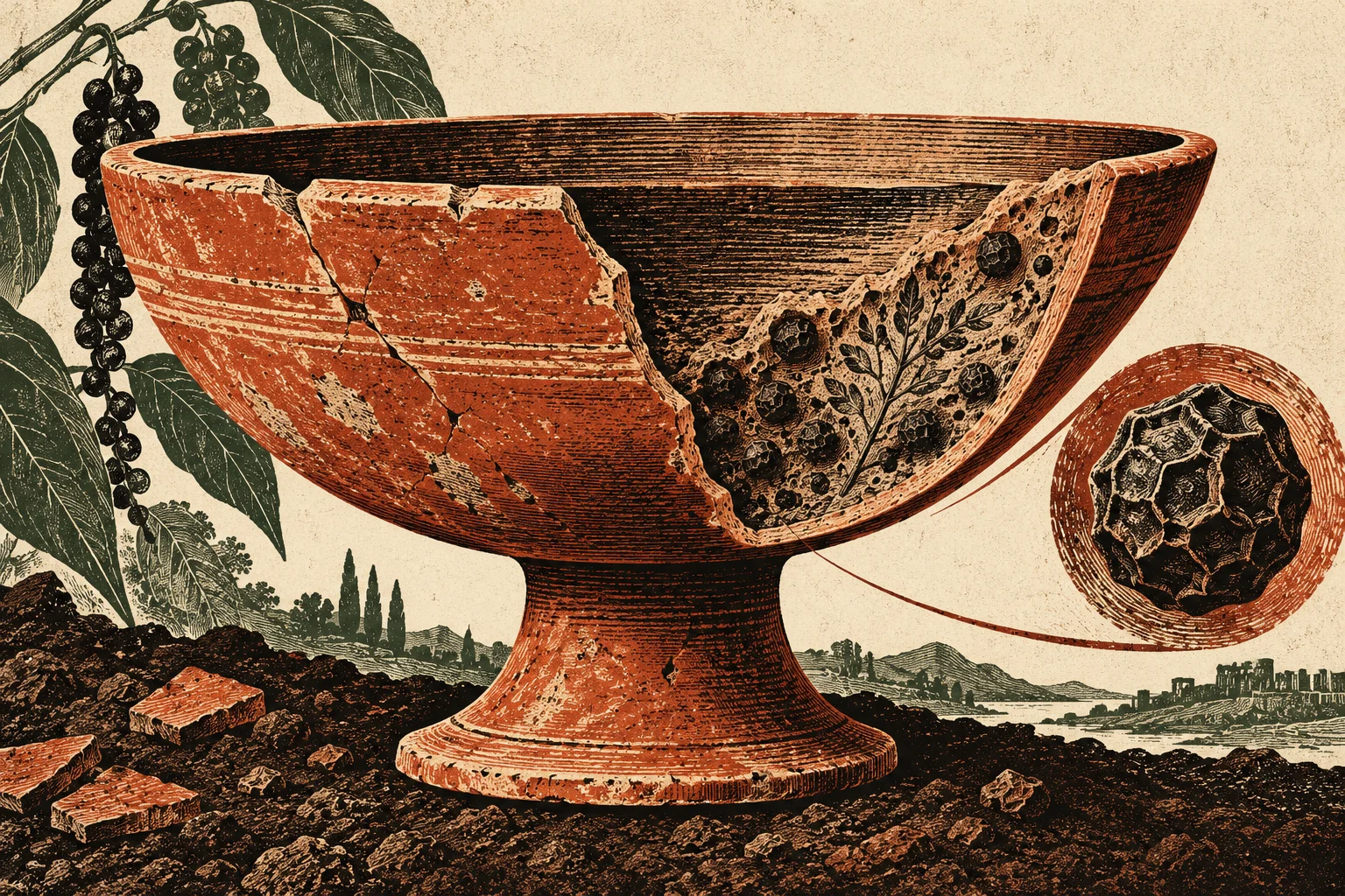 A vintage-style illustration shows a broken terracotta pedestal bowl revealing botanical patterns, beside a magnified porous fragment, with leafy branches and distant ruins.