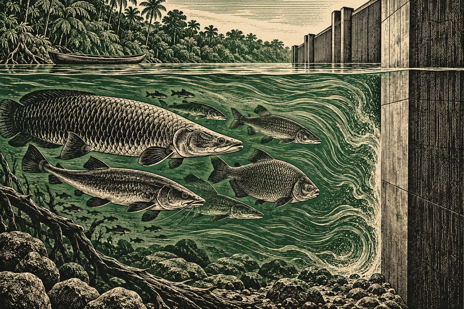 A vintage woodcut illustration shows large fish swimming underwater beside a concrete dam, with rocks, submerged branches, tropical forest, and a canoe above.